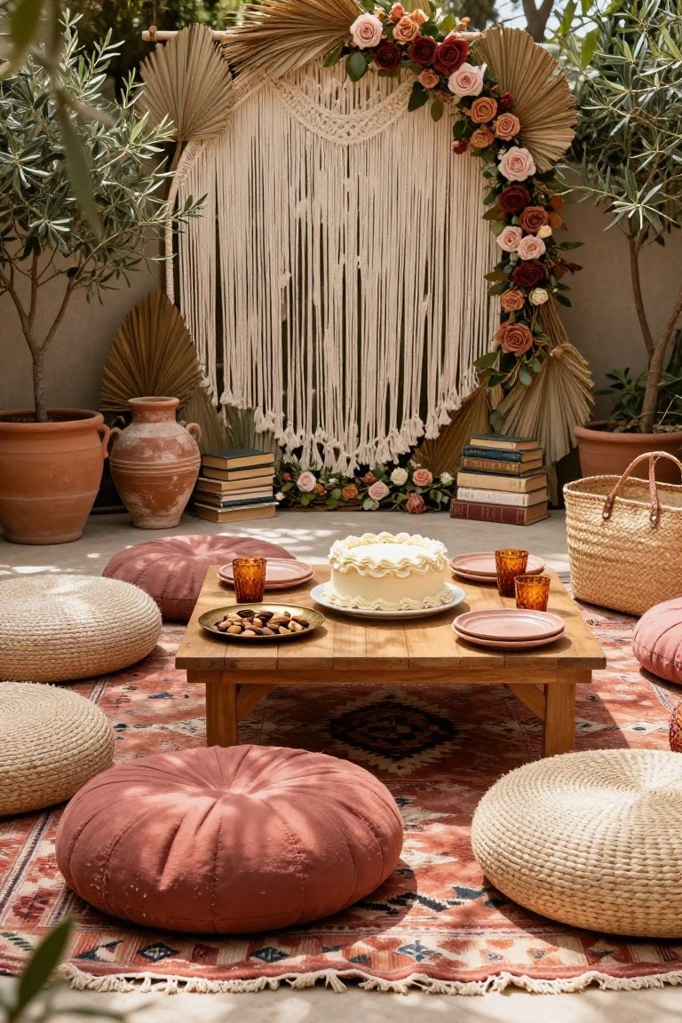 Outdoor patio lounge with low wooden table holding white frosted cake, nuts, pink plates, and amber glasses, surrounded by pink and cream floor pillows on red-patterned rug, macrame backdrop with pampas grass and rose arch, terracotta pots, books, and olive trees.