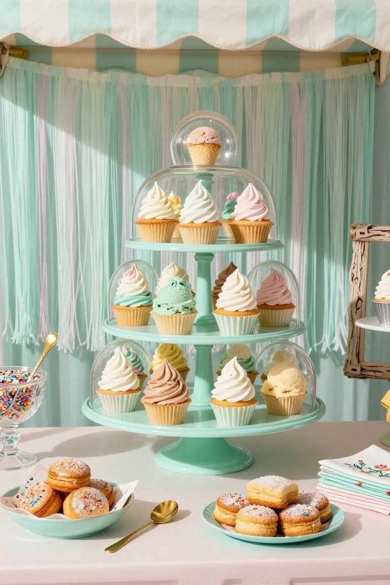 Mint green three-tiered stand with colorful frosted cupcakes under glass domes, ice cream scoops on top, donuts on plates, sprinkles in bowls, and pastel streamers in the background on a white table.