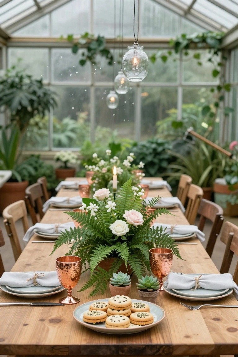 Long wooden dining table in a greenhouse surrounded by plants and vines, set with fern and white flower centerpiece in terracotta pot, copper glassware, linen napkins tied with twine, plates of cookies, candles, wooden chairs, and hanging glass pendant lights.
