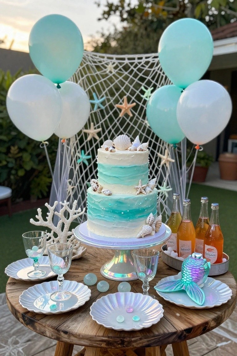 Outdoor wooden table setup with a two-tier white and blue ombre cake topped with shells and starfish on a pedestal stand, net backdrop with mint green and white balloons, coral sculpture, iridescent plates and glasses with pearl accents, mermaid tail plate holder, and bottled orange drinks.