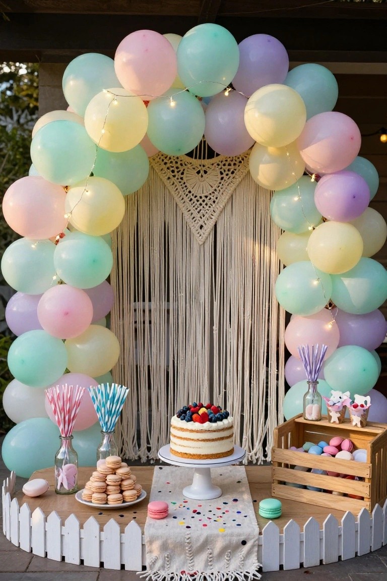 Outdoor patio party backdrop with a large arch of pastel green, pink, purple, and yellow balloons strung with fairy lights in front of a white macrame wall hanging, a wooden dessert table holding a berry-topped layered cake, stacked macarons, glass bottles with colored straws, and a wooden crate of colorful eggs, edged by a white picket fence.