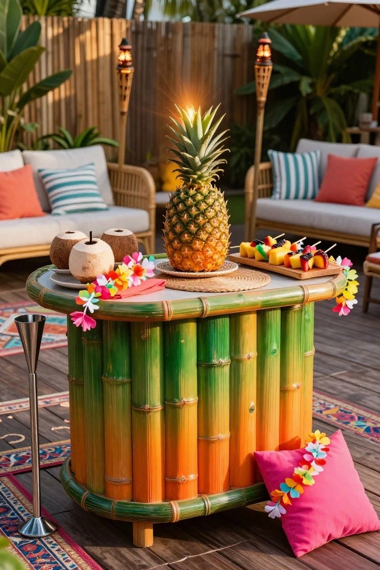 Outdoor bamboo bar in green and orange tones on a wooden deck, topped with a pineapple and surrounded by coconuts, fruit skewers on a wooden board, tiki torches, lounge chairs, and tropical plants and pillows.