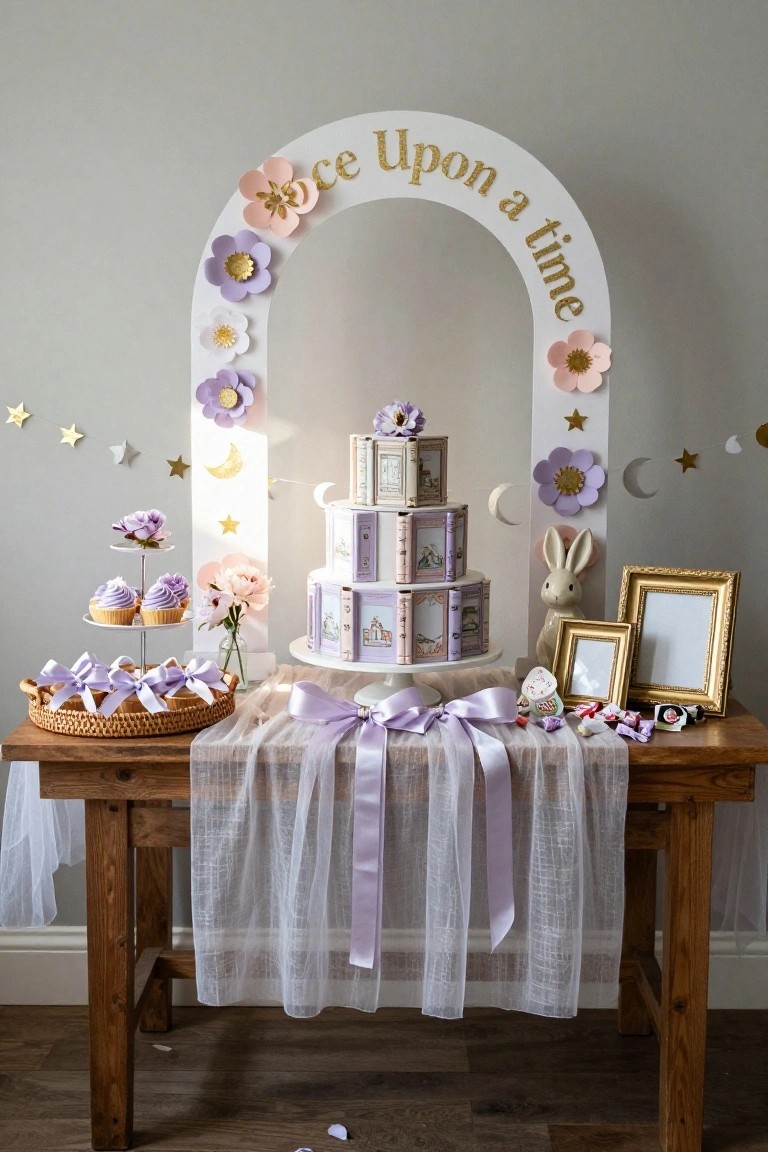 Dessert table setup with a multi-tiered white cake resembling stacked books under a curved 'Once Upon a Time' arch decorated with paper flowers, alongside purple cupcakes, ribbon favors in a basket, and gold frames on a wooden table draped in white tulle and purple ribbon.