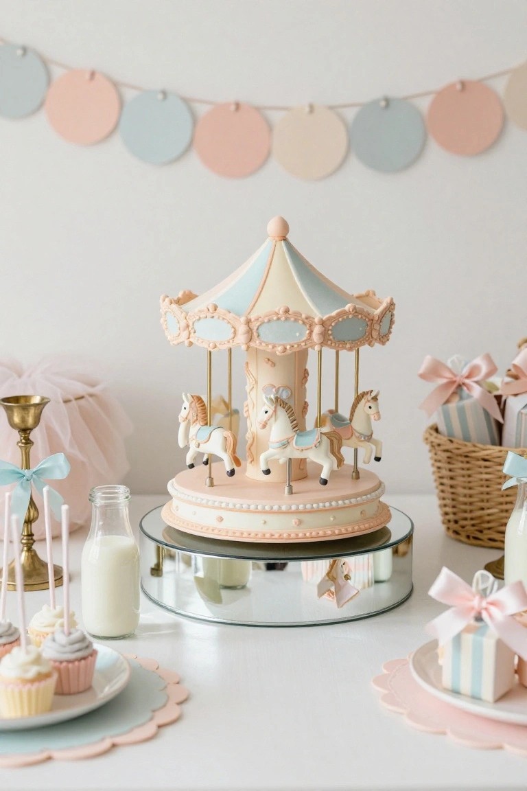 Pastel carousel cake on a mirrored rotating stand centered on a white table with milk bottles, cupcakes, ribbon-wrapped gifts, and candles in pink, blue, and white tones.