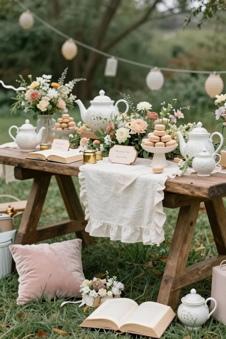 Outdoor wooden picnic table styled as a tea party setup with white teapots, macarons on stands, flowers in vases, open books, and hanging paper lanterns in a garden setting.