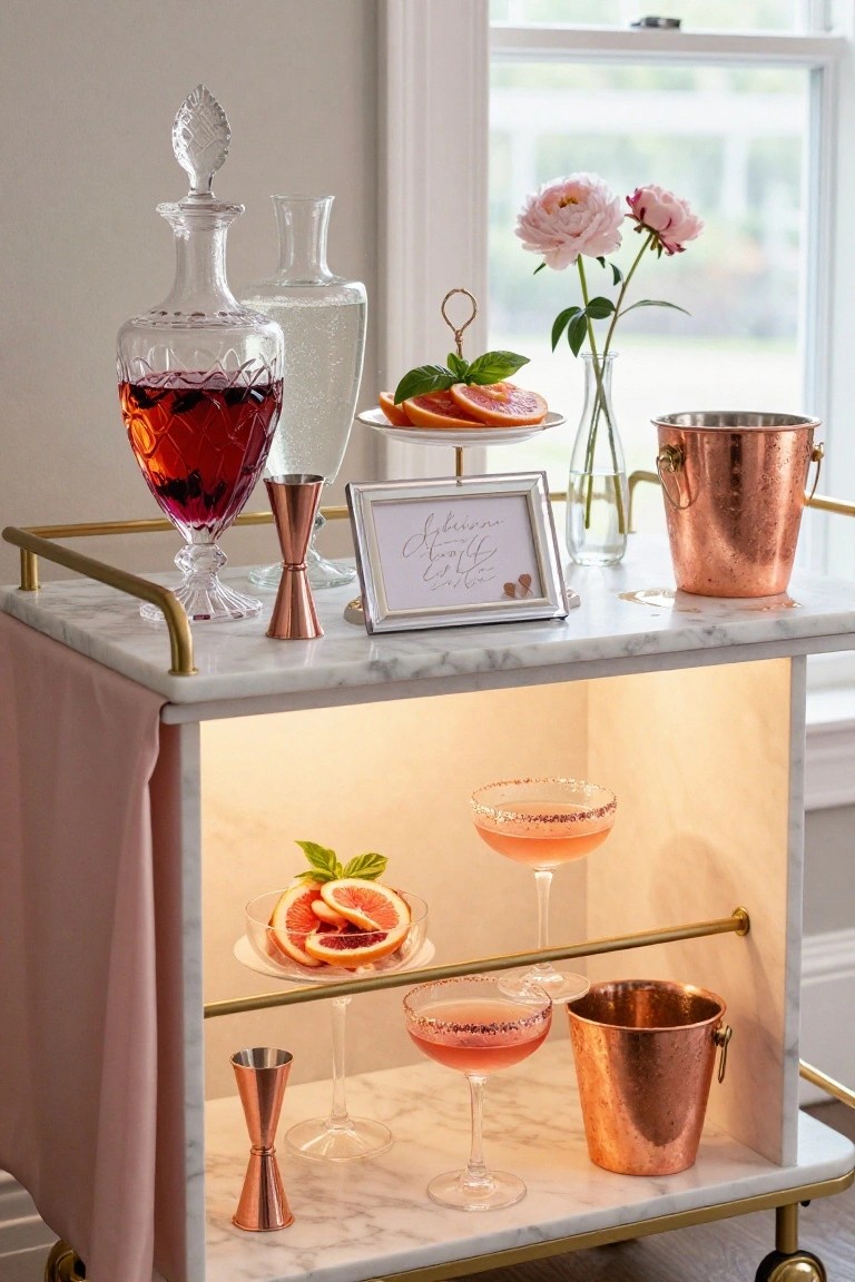 Marble bar cart holding decanters of red liquid and clear spirits, pink grapefruit margaritas in rimmed glasses, grapefruit slices on plates, copper ice buckets, glassware, pink flowers in vases, and a framed sign on a white tablecloth skirt with pink fabric.