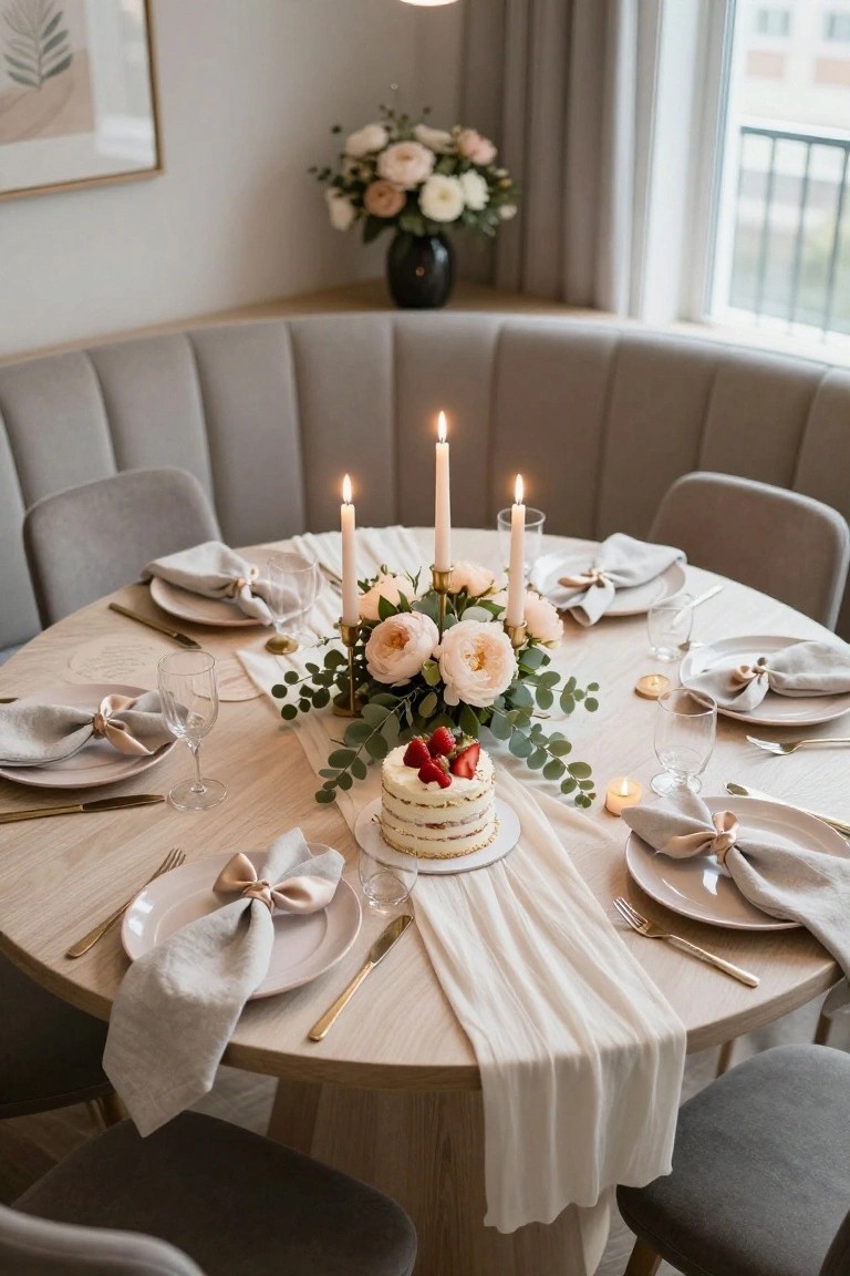 Round wooden table set with white chiffon runner, gold candelabra with white candles, blush peony and eucalyptus arrangement, small white layered cake with strawberries, gold flatware, linen napkins with satin bows, and beige velvet chairs.
