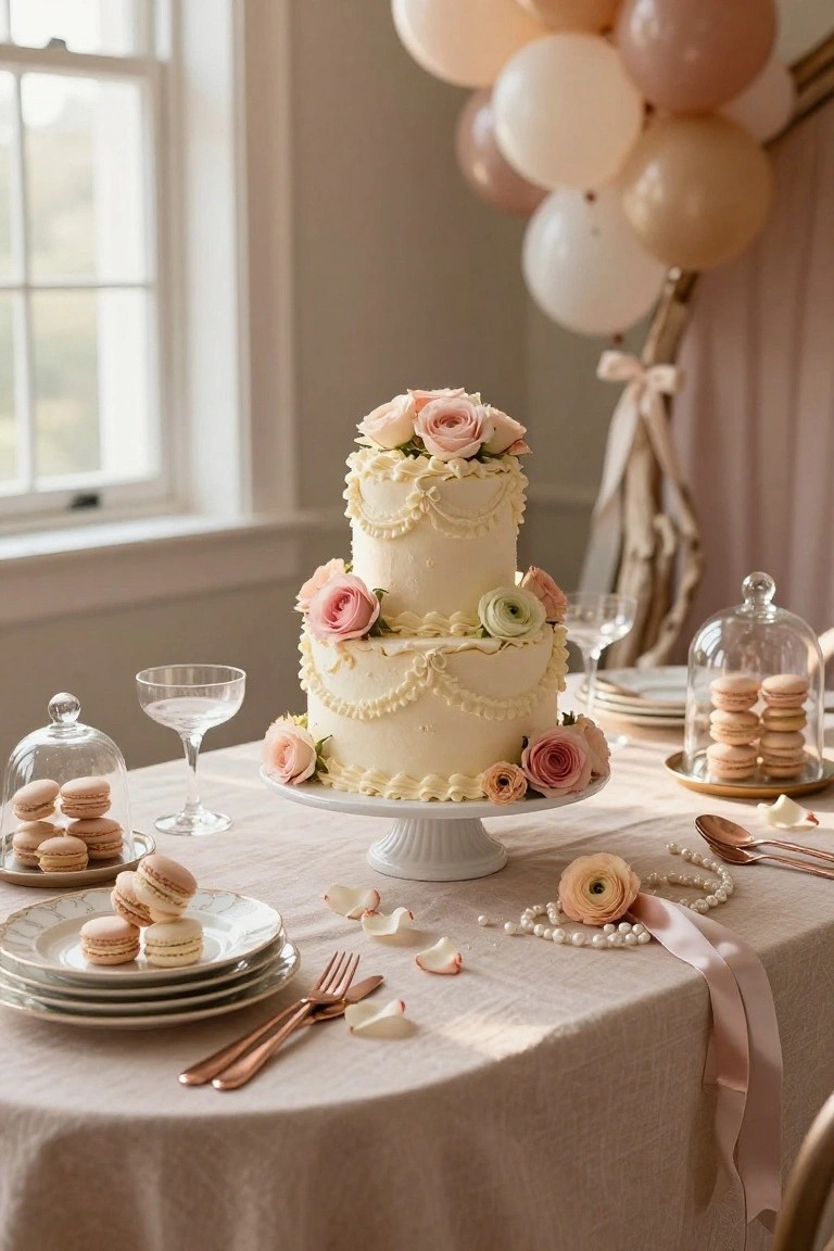Two-tiered white cake with pink roses and ruffled icing on a pedestal stand, surrounded by macarons in glass domes, champagne glasses, plates, and utensils on a beige linen tablecloth with pink balloons overhead.