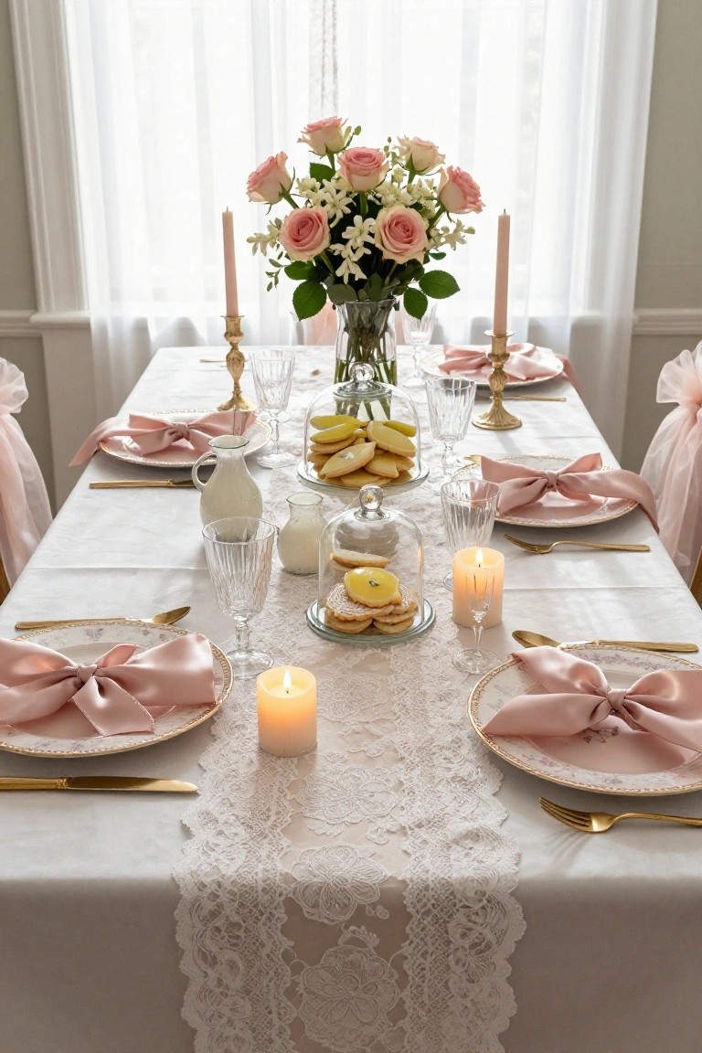 Close-up of a pink-themed baby shower dining table with white tablecloth overlaid by lace runner, gold flatware and plates with pink satin bow napkins, glass cloches covering desserts, pink rose and jasmine centerpiece in vase flanked by candles, pink ribbon-tied chairs.