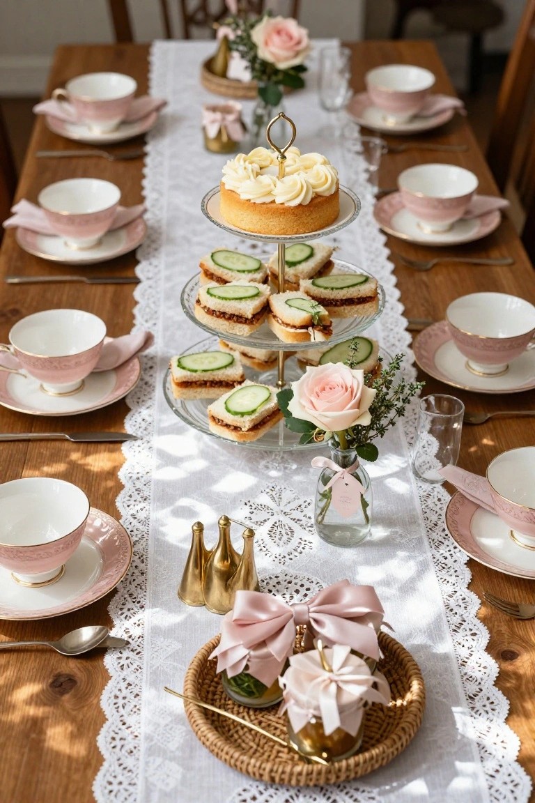 A long wooden dining table set for tea with a three-tiered stand in the center displaying cucumber sandwiches and sponge cakes, surrounded by pink and white china teacups and saucers, lace runner, pink roses, and gold accents.