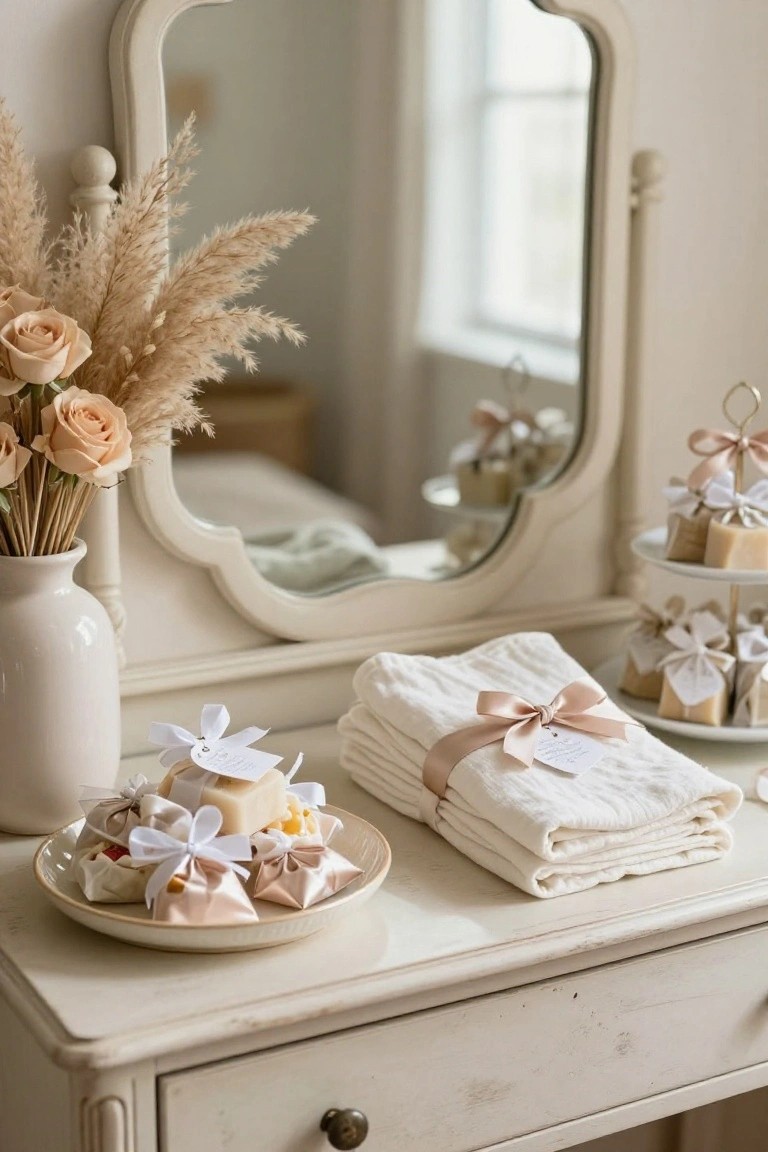 White ornate vanity table with oval mirror displaying baby shower favors like wrapped beige soaps in pink and white bags on a plate, stacked white towels with satin ribbons, peach roses and pampas grass in a vase, and a tiered stand with more soap favors.