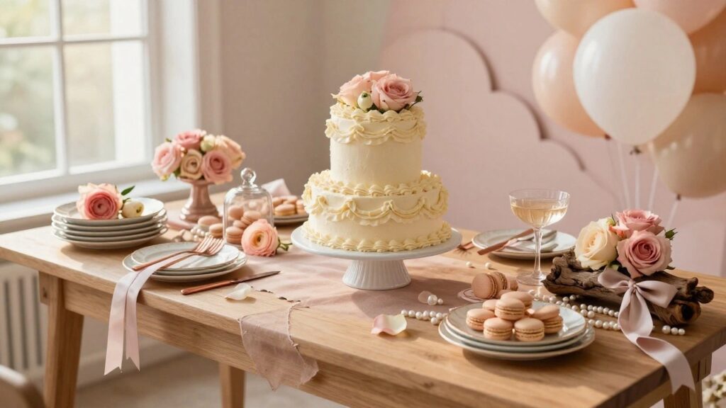 Two-tiered white cake with pink roses and ruffled icing on a pedestal stand, surrounded by macarons in glass domes, champagne glasses, plates, and utensils on a beige linen tablecloth with pink balloons overhead.