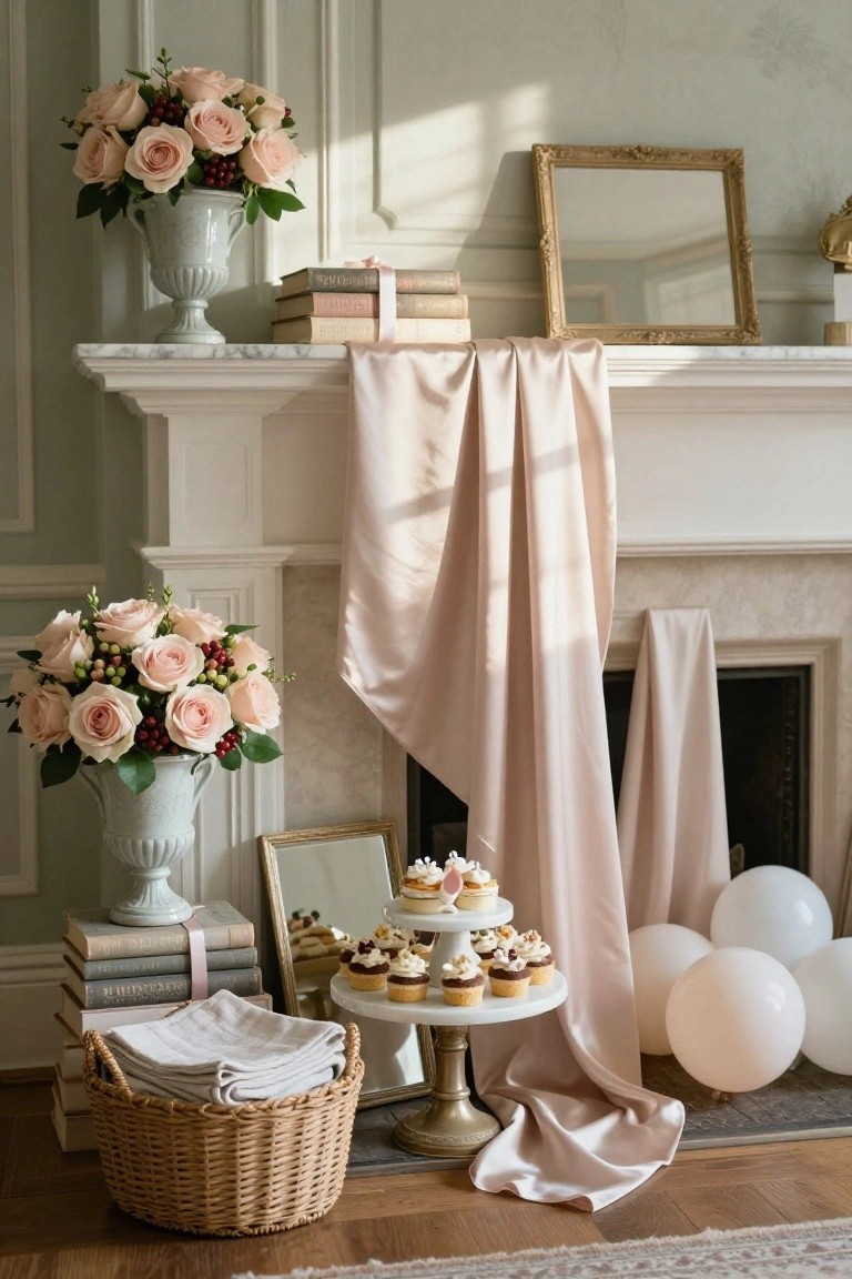 Fireplace mantel styled with draped blush pink silk fabric, two vases of pink roses and berries, stacked books with ribbons, a gold mirror, central white cake stand with pink cupcakes and pastries, white balloons nearby, and a wicker basket of white linens on the wood floor.