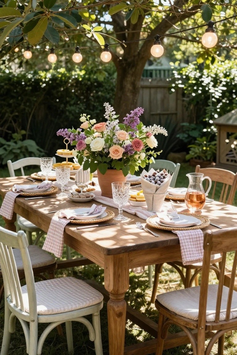 Outdoor wooden dining table in a garden under string lights and a tree, set with a large mixed pink and white floral centerpiece in a terracotta pot, checkered napkins, plates, desserts, glasses, a pitcher of pink drink, and mismatched green chairs.