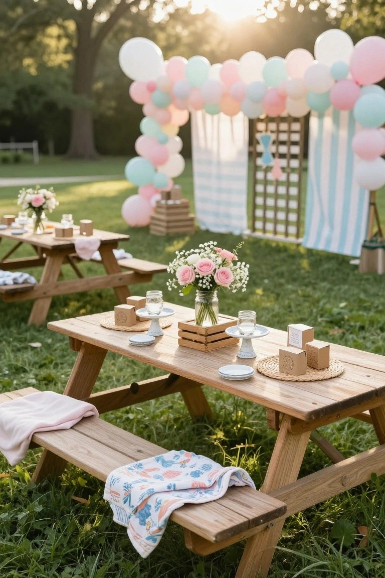 Outdoor girl baby shower setup in a grassy park with pastel pink mint and white balloon garland arch backdrop, wooden picnic tables dressed with mason jar flower centerpieces, wooden crates of favor boxes, white plates, and blankets on benches.