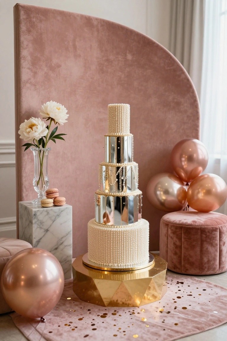 Five-tiered white cake adorned with pearl strands and mirrored silver bands on a gold geometric stand against a curved pink velvet backdrop, surrounded by rose gold balloons, white peonies in a vase, pink macarons on a marble pedestal, pink pouf seating, and gold glitter on the floor.