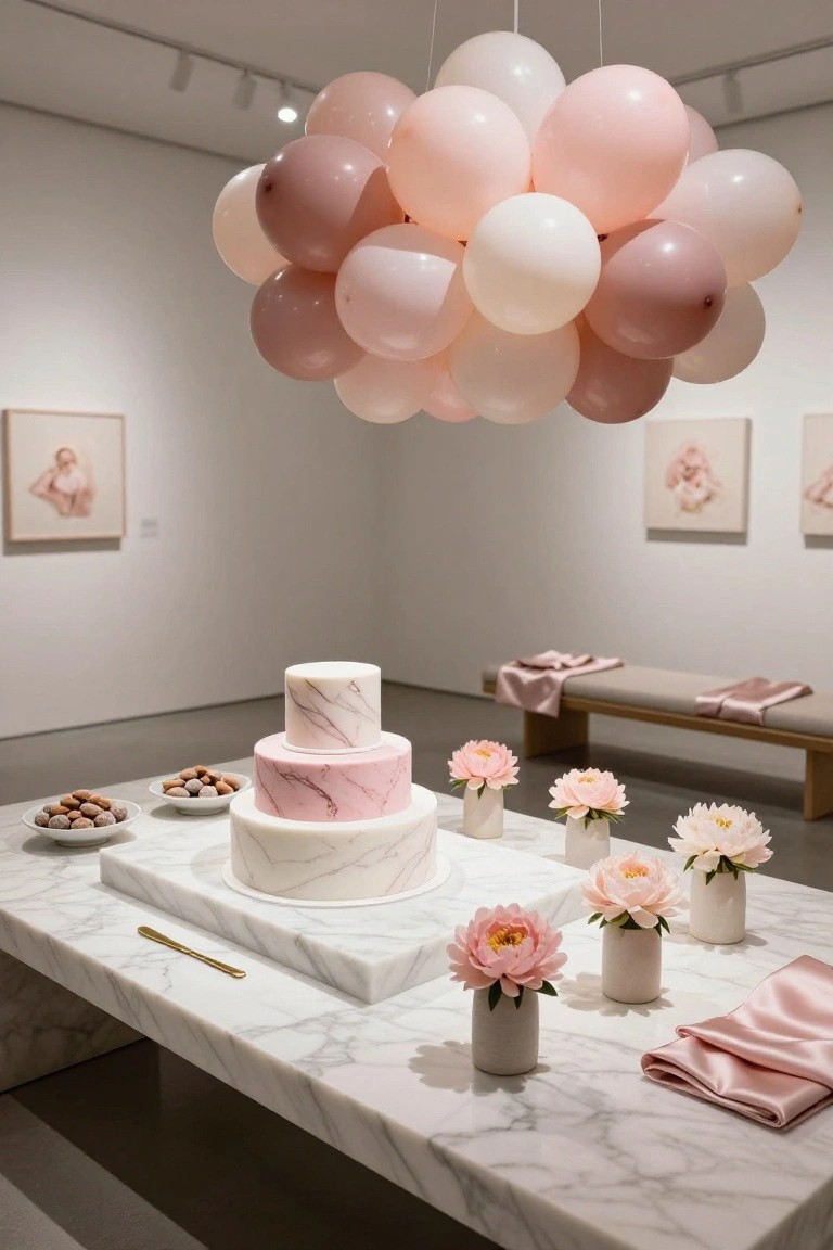 Cluster of blush pink, mauve, and white balloons hanging from the ceiling above a white marble table holding tiered white and pink marble-patterned cakes, pink peony flowers in white pots, small desserts, and pink satin fabric in a minimalist gallery space with baby portraits on walls.