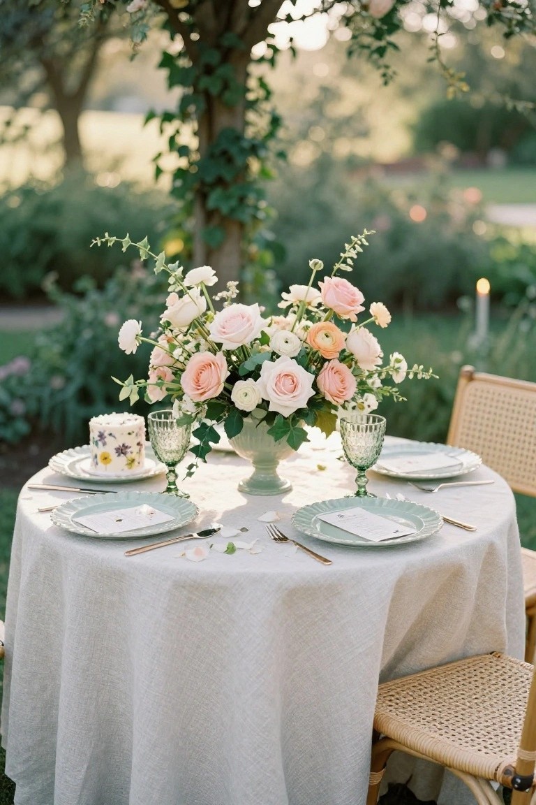 Round outdoor table draped in light linen with central green vase of pink roses, white flowers, ranunculus, and greenery, flanked by small cakes, green glassware, place settings, and rattan chairs in a garden with trees and ivy.
