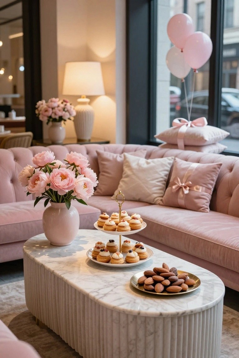 Pink velvet sofa with white and pink pillows arranged on it next to a white marble oval coffee table displaying tiered desserts, pink peonies in a vase, and a plate of chocolate-covered almonds, with pink balloons and large windows in the background.
