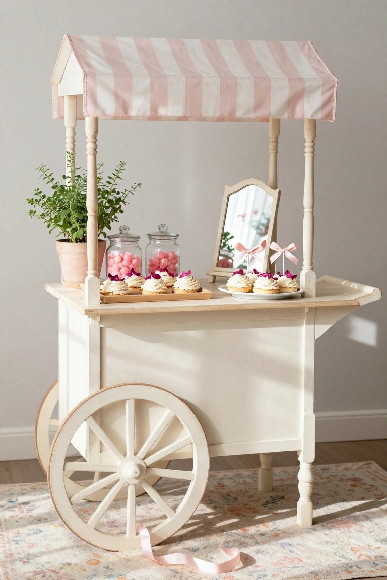 White wooden cart on wheels with pink and white striped canopy, displaying glass jars of pink candies, plates of pink-frosted cupcakes with petal toppers, a small mirror, potted green plant in terracotta pot, and pink ribbon on beige rug indoors.