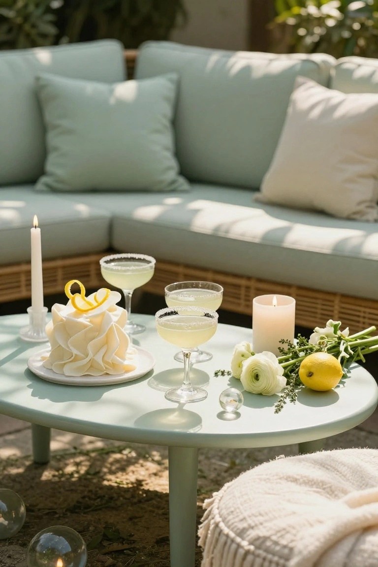 Mint green round low table on outdoor patio holding two salt-rimmed lime margaritas, white ruffled cake with lemon curl on white plate, white candles, ranunculus bouquet with lemon, surrounded by light green sofa cushions and wicker furniture.