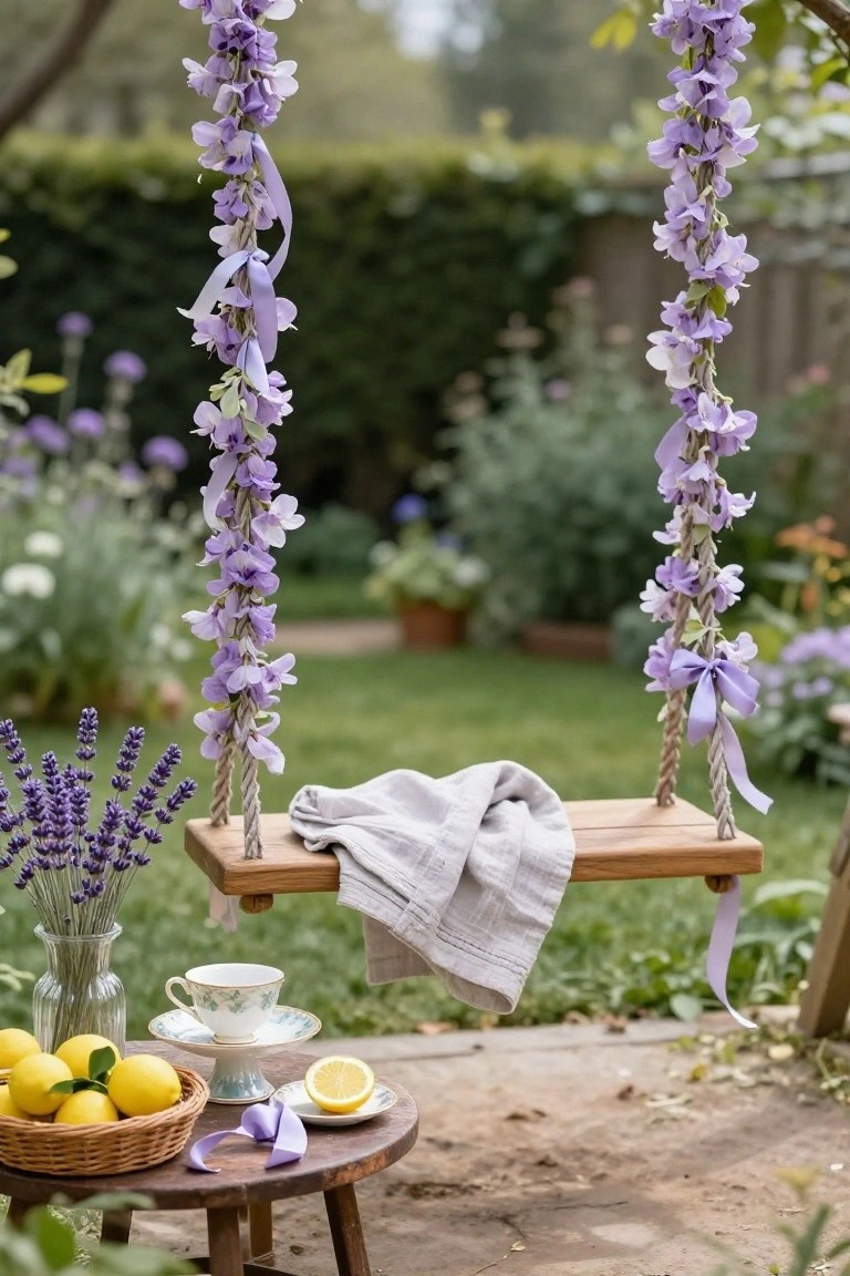 Wooden garden swing with purple flowers and ribbons draped along the ropes, gray towel draped over the seat, small round table nearby holding lemons in a basket, lavender bouquet, and teacup with saucer on stone patio surrounded by greenery.