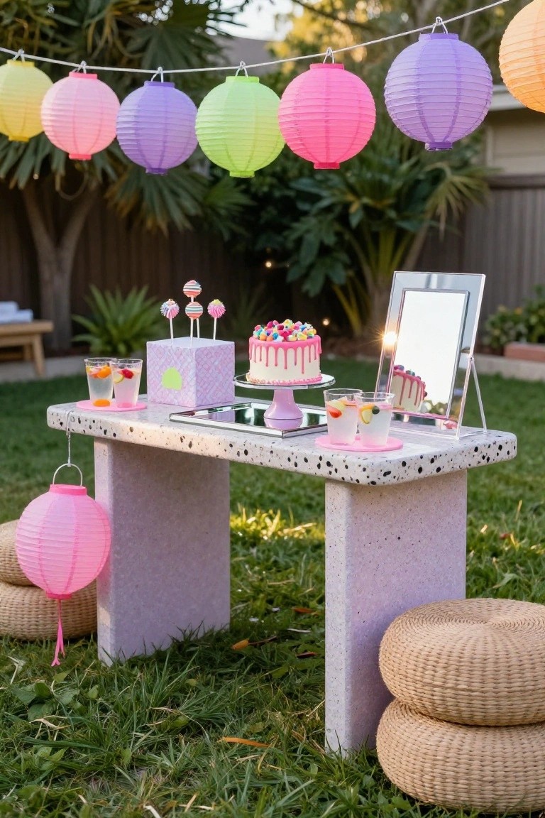 Outdoor terrazzo table in a backyard with a pink drip cake on a stand, colorful lollipops, fruit-infused drinks in glasses, a white gift box, and a freestanding mirror, under strings of multicolored paper lanterns, flanked by woven poufs and potted plants.