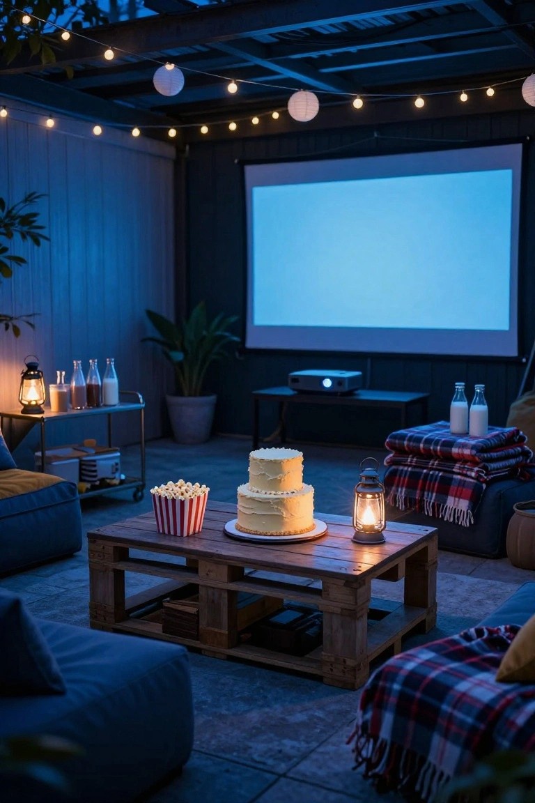 Outdoor nighttime patio with projector screen on blue wall, pallet coffee table holding white two-tier cake and striped popcorn bucket, lounge cushions and plaid blankets, string lights overhead, lanterns, plants, and snack cart with milk bottles.