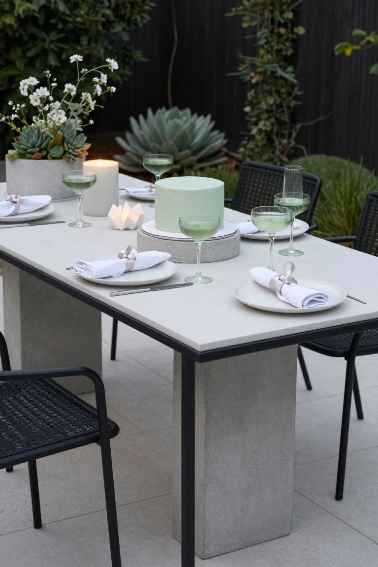 Outdoor concrete dining table set for a party with a pale green frosted cake as centerpiece on a concrete base, surrounded by potted succulents, white candles, white plates with napkins and ribbon details, green-tinted wine glasses, and black woven chairs against a garden backdrop.