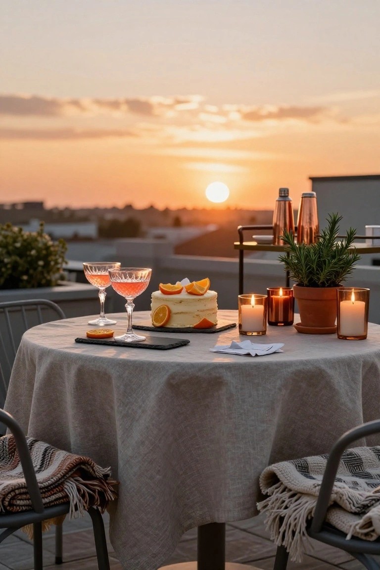 Rooftop terrace table at sunset with two glasses of pink cocktail, white cake topped with orange slices on black slate, candles in glass holders, potted rosemary plant, copper drink bottles, and two chairs with woven blankets draped over them.