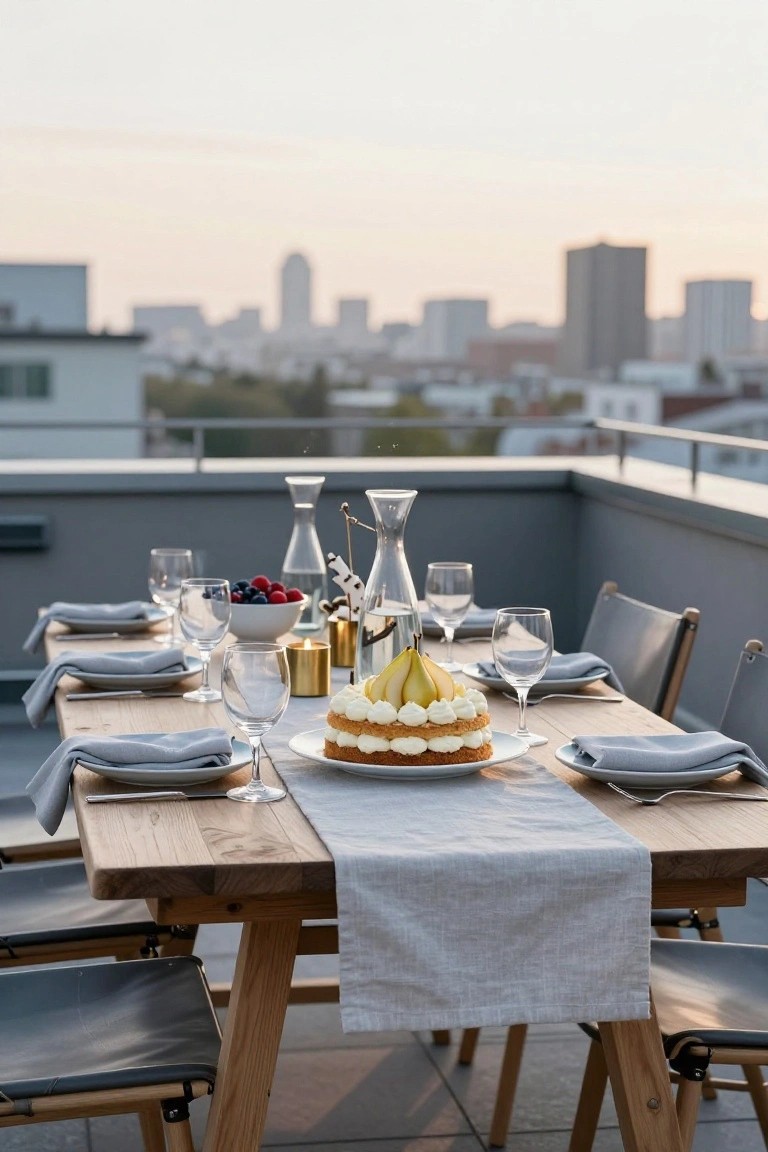Rooftop terrace dining table set with gray linens, wine glasses, plates, fruit bowls, a layered white cake topped with pears, and a city skyline at sunset in the background.