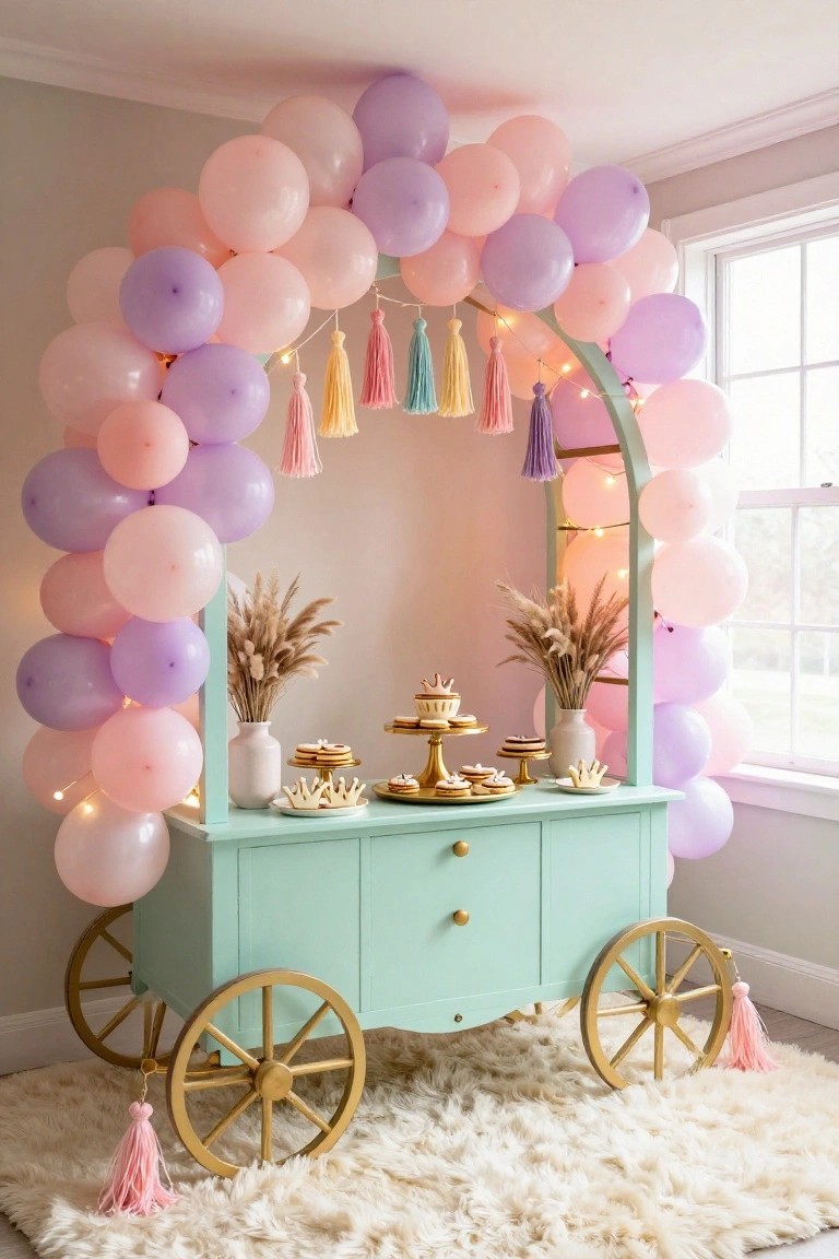 Mint green wooden cart on gold wheels displays cookies, cupcakes, and gold stands under a large arch of pink and purple balloons with string lights, tassels, and pampas grass in a beige-carpeted room.