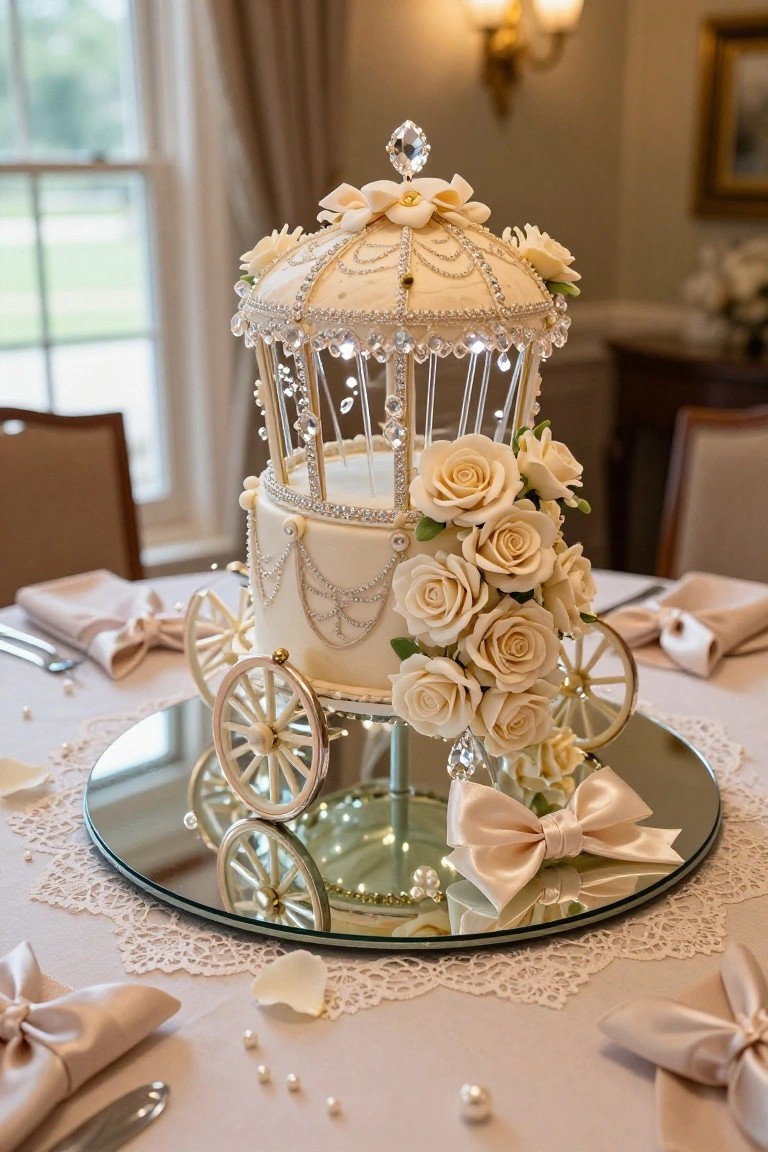 A tiered white cake shaped like Cinderella's glass carriage with cream-colored roses, crystal beads, gold wheels, and a jeweled top, displayed on a round mirrored base with lace doilies, napkins, and pearls on a formal dining table in an elegant room.