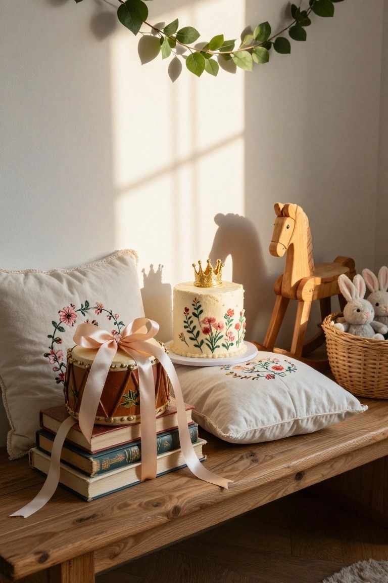 Sunlit wooden bench with embroidered pillows, white cake topped with golden crown and pink flowers, ribbon-wrapped drum and book stack, wooden rocking horse, basket of stuffed bunnies, against white wall with green leaf garland.