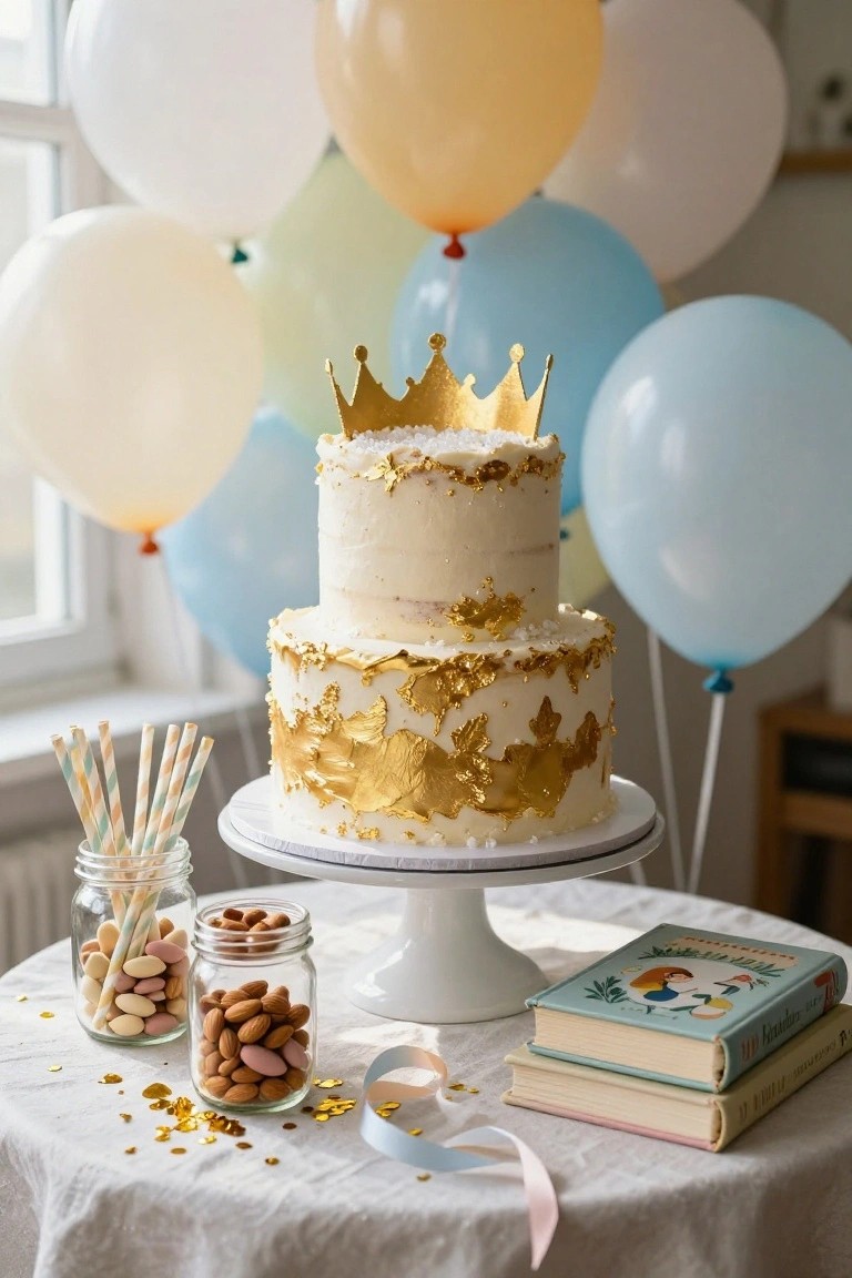 A two-tier white cake with gold leaf accents and a gold crown topper on a white pedestal stand, surrounded by pastel balloons in blue, peach, and white, jars of almonds and pink candies, striped straws, gold sprinkles, and two children's books on a white tablecloth.