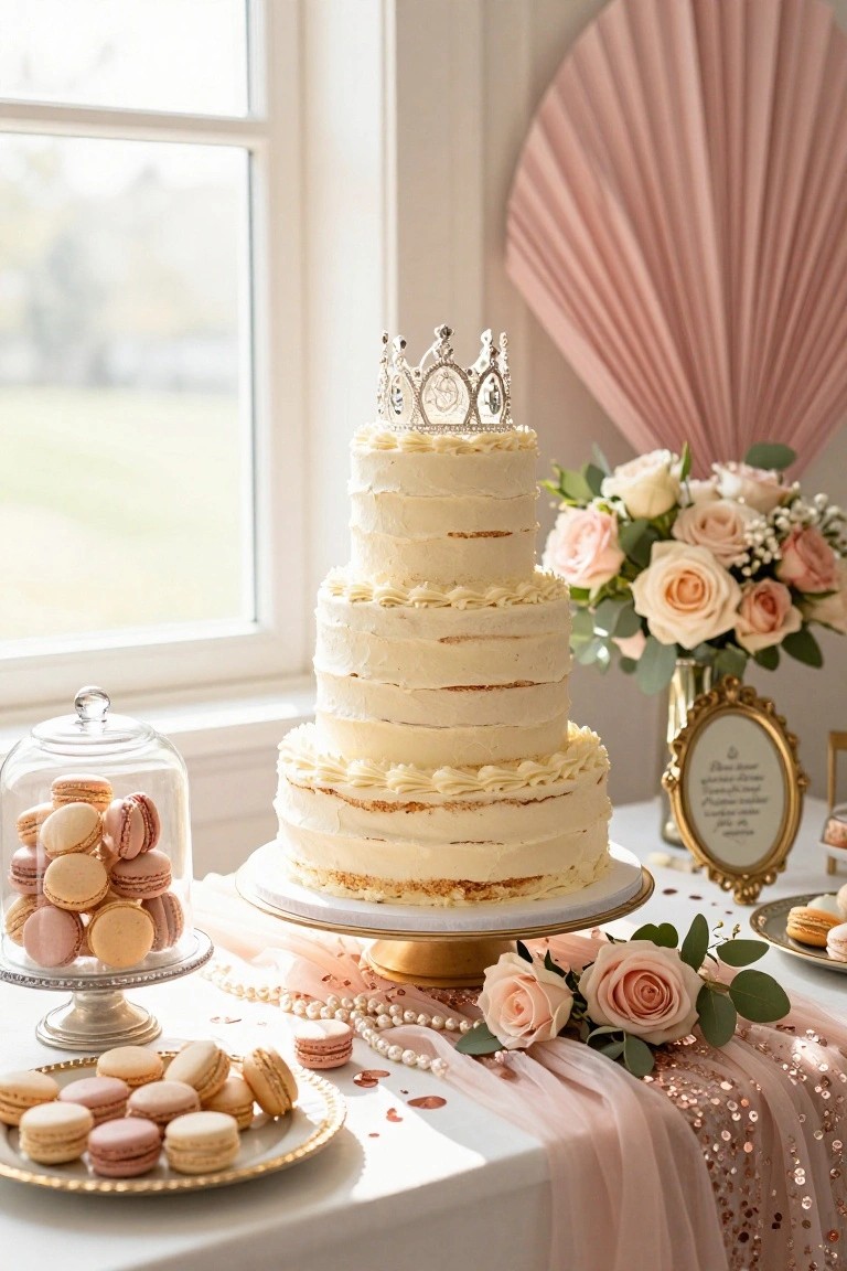 Three-tiered white naked cake with textured layers and white buttercream, topped by a silver crown, on a gold stand on a white table with pink macarons in glass domes, blush roses in vase, pearl strands, and pink fan backdrop.