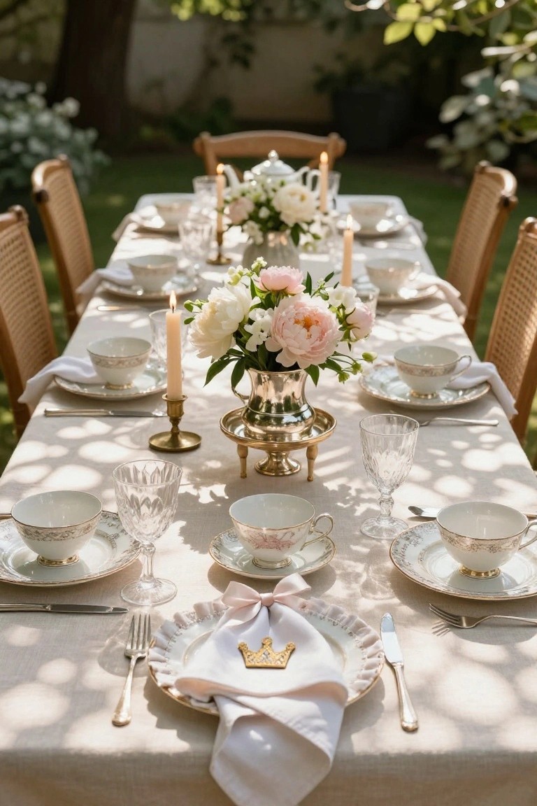 Long rectangular table outdoors in a garden with white linen cloth, porcelain teacups and saucers, pink peonies in silver vase centerpiece, brass candlesticks with lit candles, crystal glasses, and napkins with gold crowns under filtered sunlight.