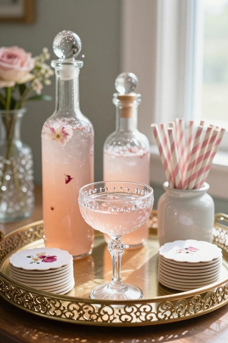 Gold tray on a wooden table displaying a coupe glass of pink fizzy drink, two glass bottles of pink infused beverages with flowers, striped straws in a white jar, stacked coasters, and potted flowers near a window with pink roses in vases.