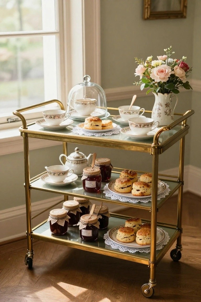 A three-tiered brass serving cart with glass shelves holding white china teacups, saucers, scones on lace doilies, jam jars, a teapot, and cream jug, positioned by a window with a bouquet of pink roses nearby.