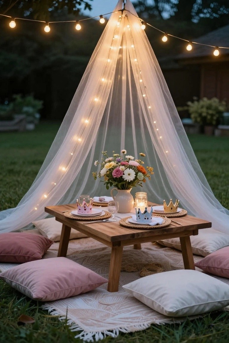 Outdoor low wooden picnic table under a tall sheer white canopy strung with fairy lights, set with plates topped by pink, blue, and gold toy crowns, a vase of mixed flowers, candles, glasses, and napkins, surrounded by pink and white pillows on a woven rug in a grassy garden at evening.