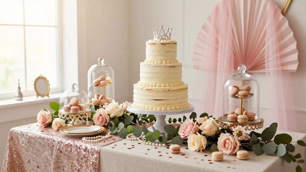 Three-tiered white naked cake with textured layers and white buttercream, topped by a silver crown, on a gold stand on a white table with pink macarons in glass domes, blush roses in vase, pearl strands, and pink fan backdrop.