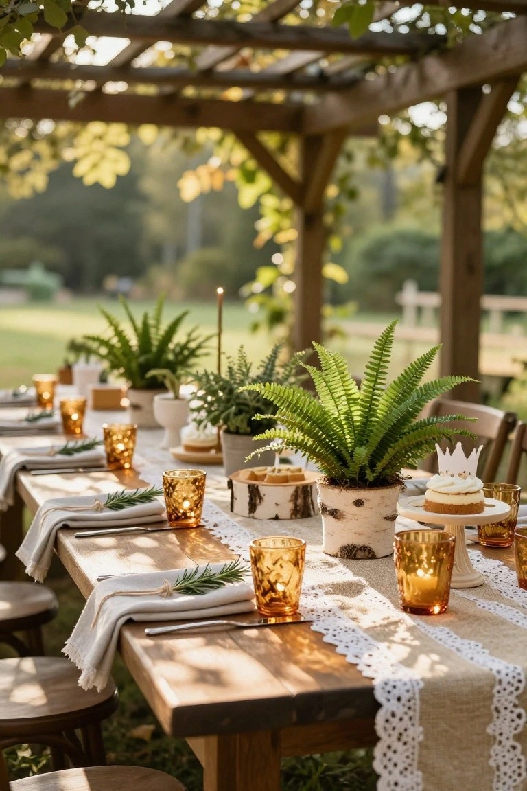 Outdoor wooden table styled with multiple potted ferns as centerpieces, amber glassware holding candles, small cakes topped with crowns, burlap and lace runner, under a vine-covered pergola.