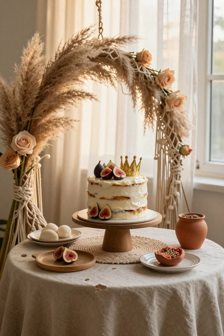 A three-tiered white cake topped with figs and a gold crown on a wooden pedestal centerpiece on a round beige tablecloth, framed by a large pampas grass arch with peach roses and macrame hanging from the ceiling, with small plates of figs and white balls nearby, next to a window with sheer curtains.