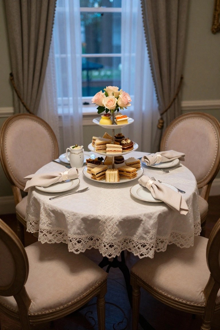 Round lace-covered table set for afternoon tea with a three-tiered stand of sandwiches and desserts, white plates, teapot, pink roses in a vase, and beige upholstered chairs in an elegant room with window.
