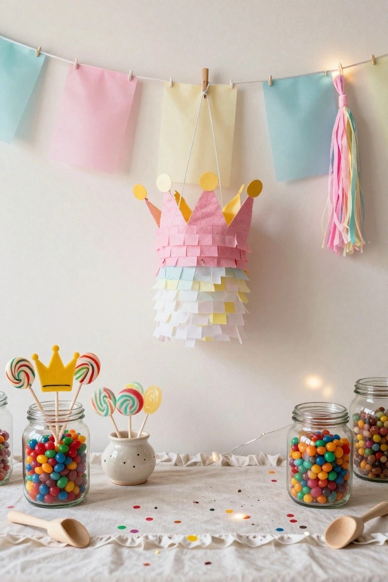 A pink and multicolored fringed paper crown piñata hangs from the ceiling above a white tablecloth with two jars of colorful jelly beans, wooden spoons, a white ceramic pot, and several lollipops with gold crowns, with pastel paper flags strung across a white wall and colorful tassels hanging nearby.