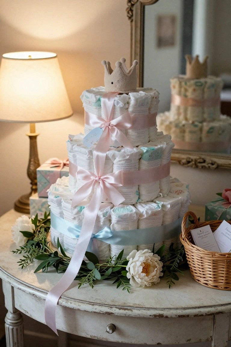 A three-tiered diaper cake topped with a beige crown and wrapped in pink and blue ribbons sits on a white table with greenery, white peonies, gift boxes, and a wicker basket nearby, beside a lamp and mirror.