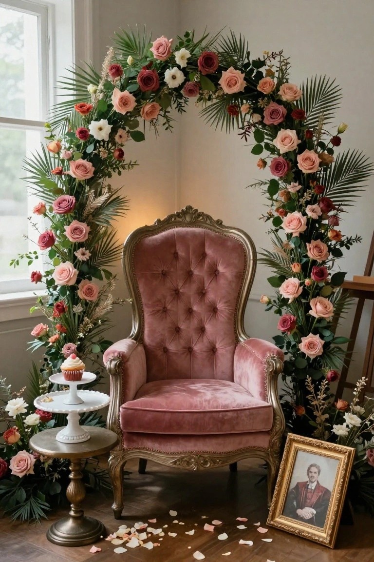 Ornate pink velvet chair under a tall arch of pink, red, and white roses mixed with palm fronds and greenery, next to a small table with cupcakes and a gold-framed portrait on the floor with scattered petals.