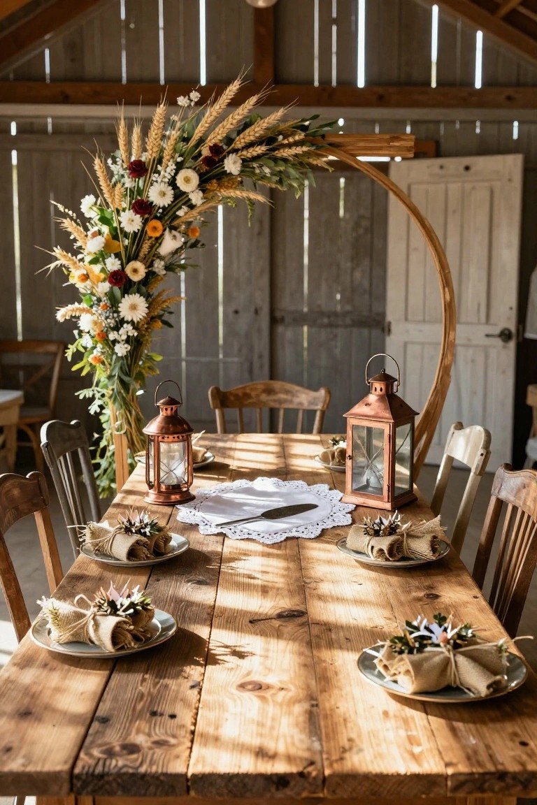 Wooden dining table in a barn with white plates topped by burlap napkin rolls, copper lanterns on a lace runner, chairs around it, and a large wooden arch decorated with wheat, flowers, and greenery positioned nearby.