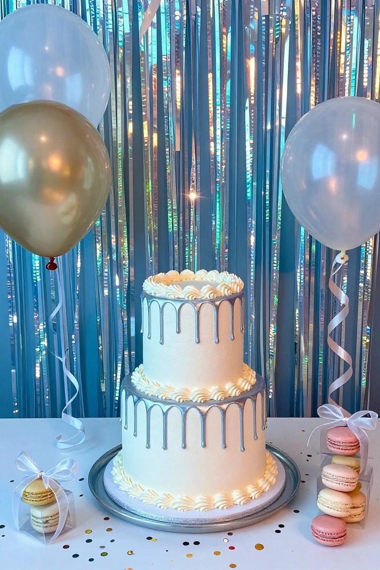 A two-tier white cake with silver drip icing on a round silver platter centered on a white table, framed by blue shimmery curtain backdrop and clusters of white and gold balloons, with clear boxes of assorted macarons and gold confetti nearby.