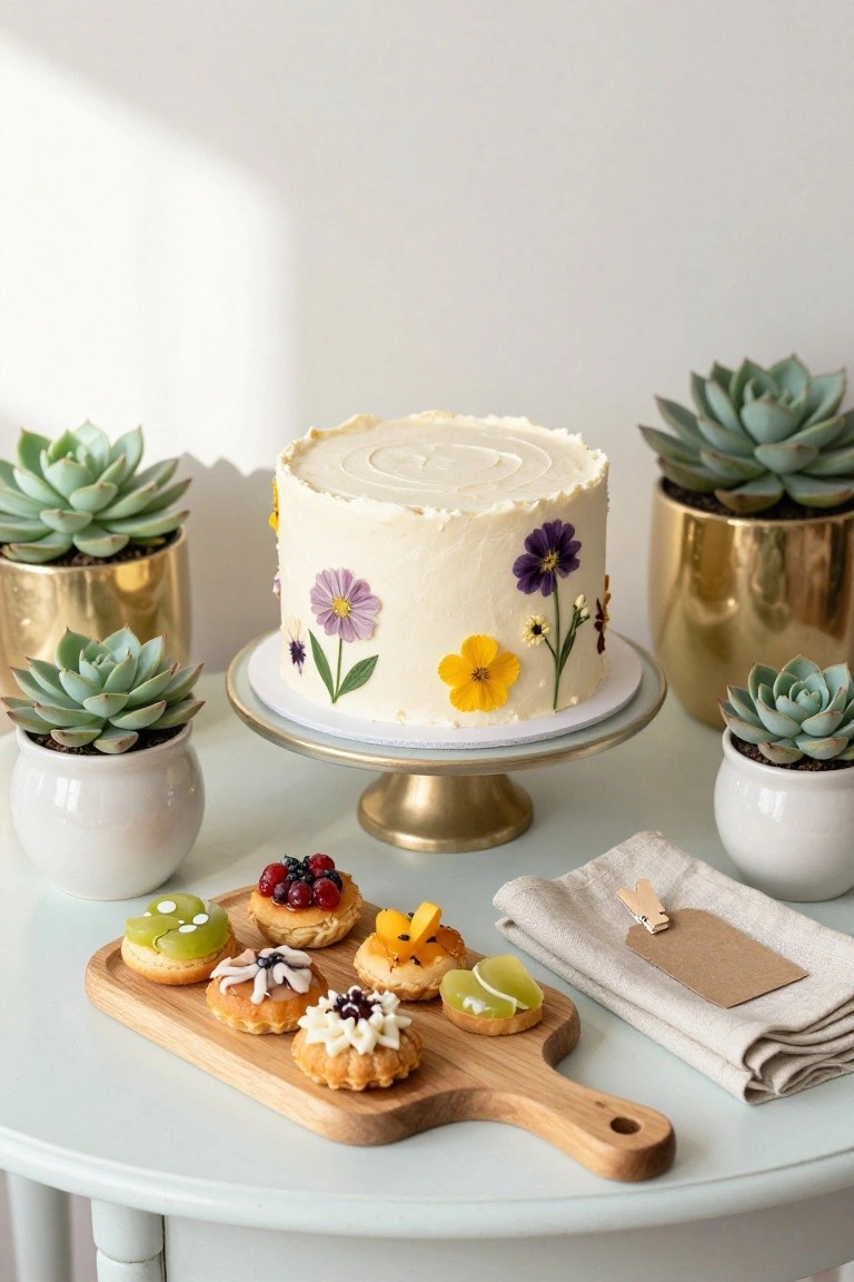 A white buttercream cake with purple and yellow edible flowers on a gold stand, flanked by potted succulents in gold and white pots, next to a wooden board holding assorted small pastries like fruit tarts and cookies on a teal table.